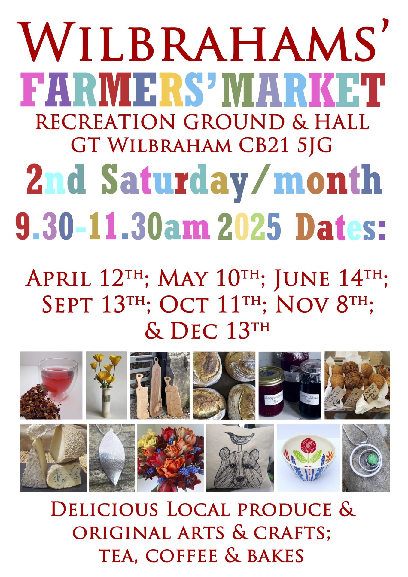 Coloured text of dates for the 2025 markets and images of produce