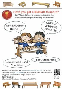 Clip art with children on a bench and text, images of benches and school logo